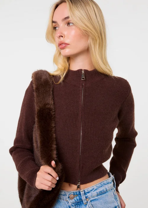 Pink Vanilla Brown Soft Ribbed Zip Through Jumper - M/L Image 1