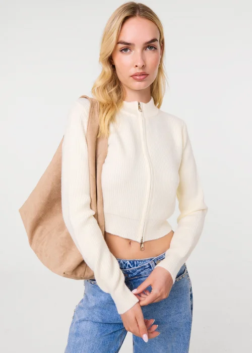 Pink Vanilla Ivory Soft Ribbed Zip Through Jumper - S/M Image 1