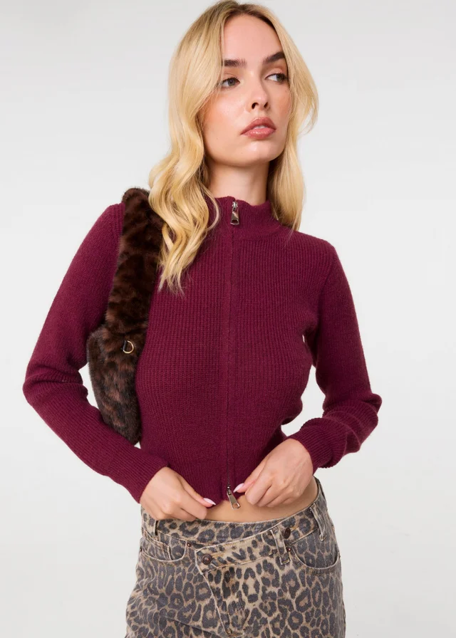 Pink Vanilla Burgundy Soft Ribbed Zip Through Jumper