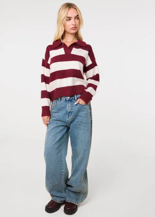 Pink Vanilla Burgundy Stripe Open Collar Rugby Jumper - S/M Image 2