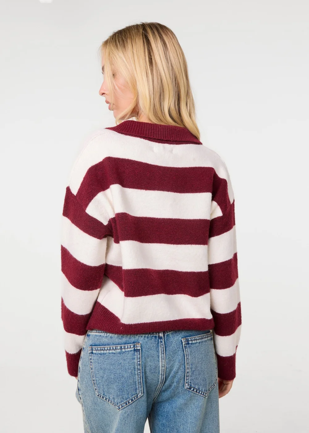 Pink Vanilla Burgundy Stripe Open Collar Rugby Jumper - S/M Image 4