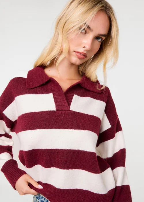 Pink Vanilla Burgundy Stripe Open Collar Rugby Jumper - S/M Image 3