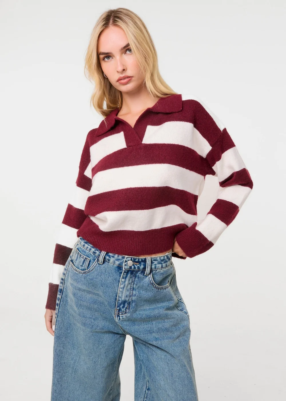 Pink Vanilla Burgundy Stripe Open Collar Rugby Jumper - S/M Image 1