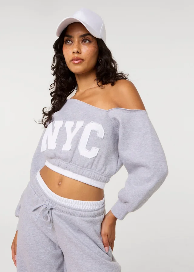 Pink Vanilla Grey Off The Shoulder Graphic Sweatshirt