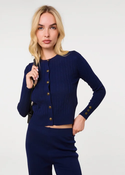 Pink Vanilla Navy Gold Button Cardigan and Wide Leg Trousers Set - M/L Image 2