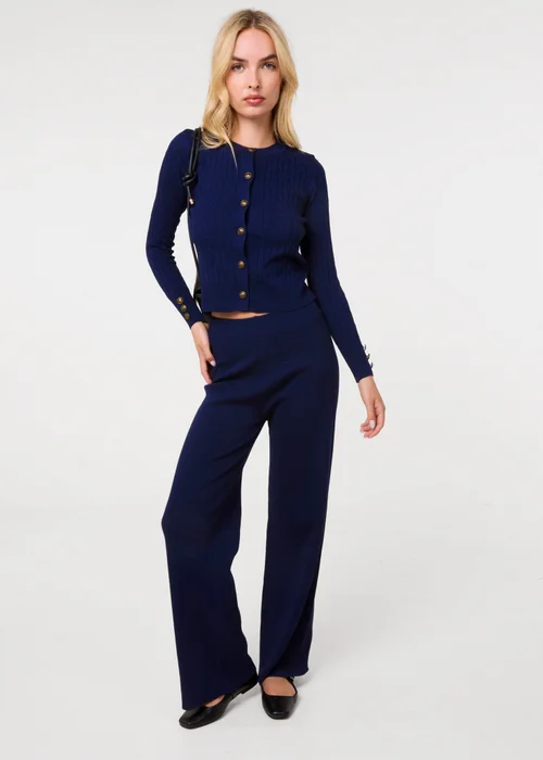 Pink Vanilla Navy Gold Button Cardigan and Wide Leg Trousers Set - M/L Image 1