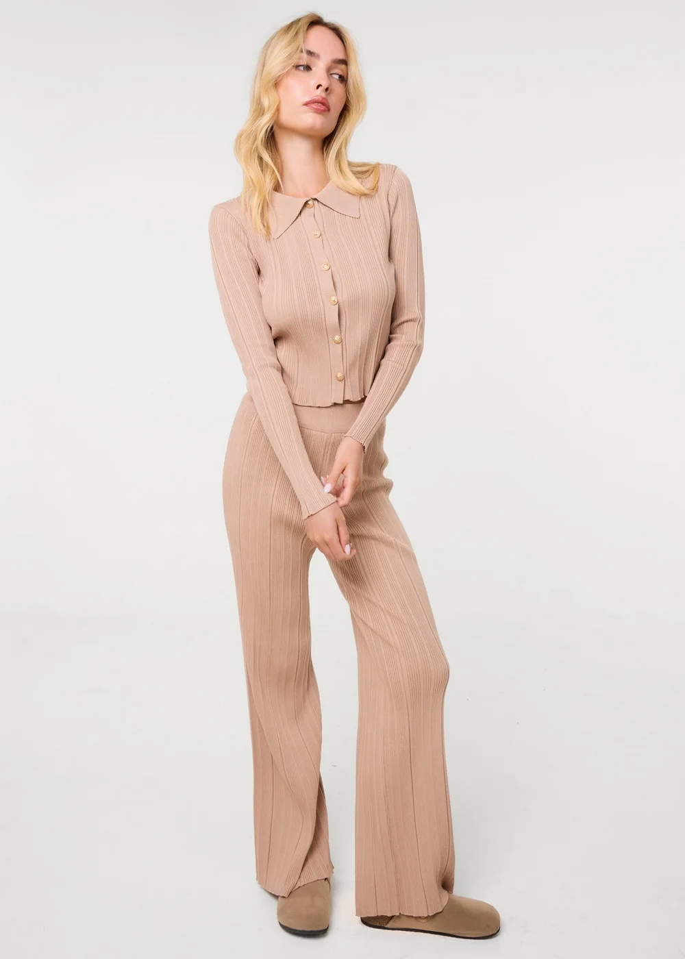 Pink Vanilla Beige Textured Shirt And Wide Leg Trousers Set - M/L Image 1
