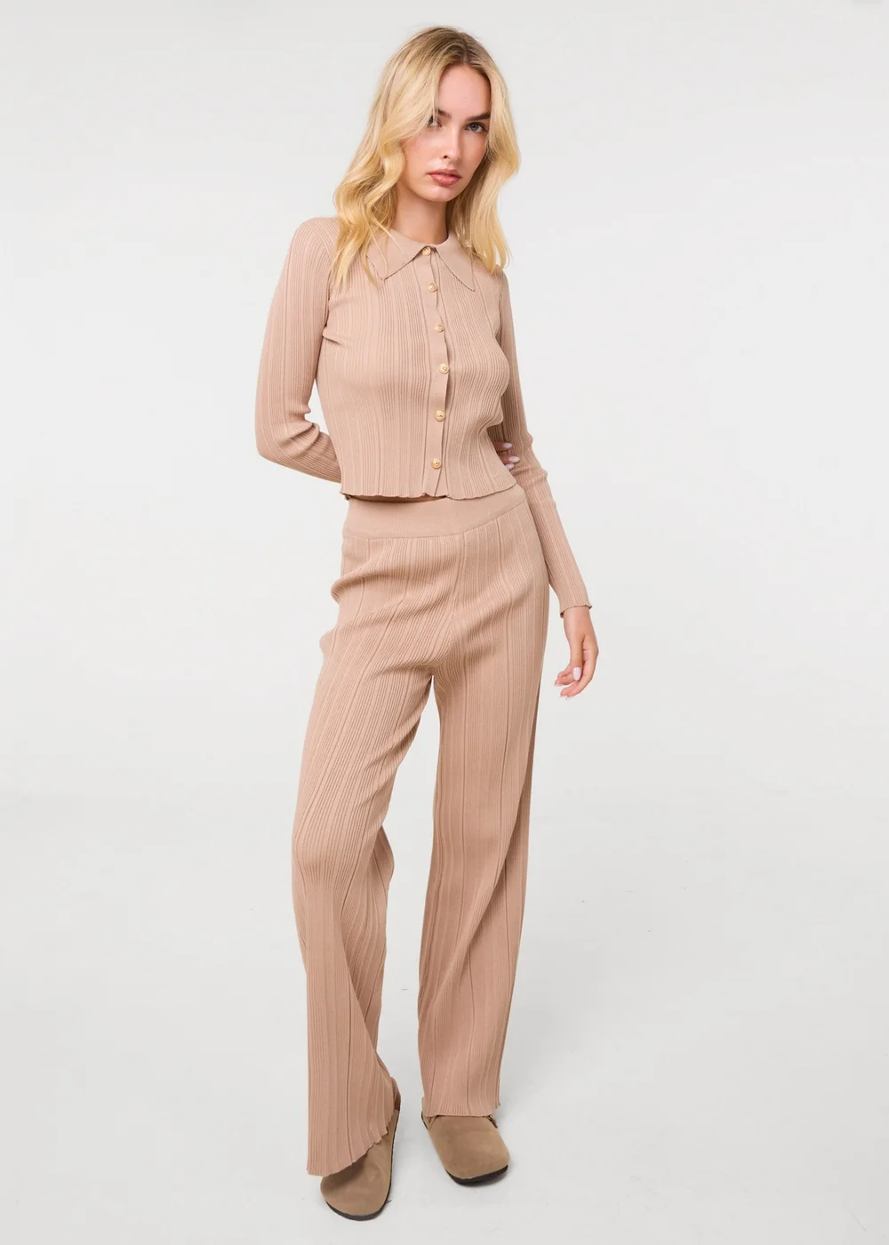 Pink Vanilla Beige Textured Shirt And Wide Leg Trousers Set - M/L Image 3