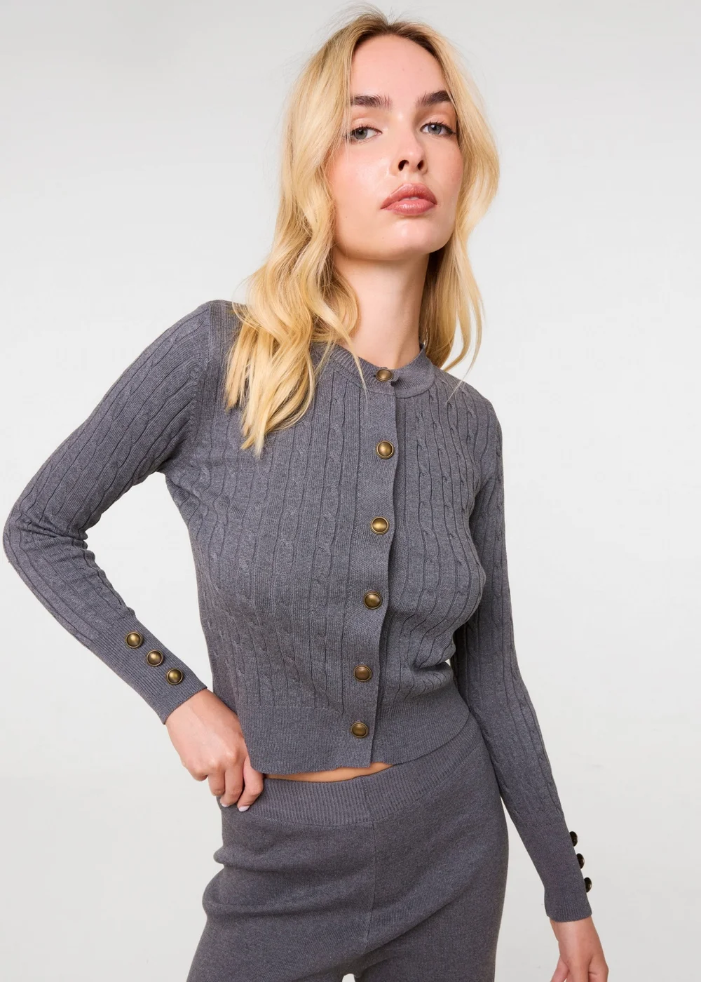 Pink Vanilla Grey Gold Button Cardigan and Wide Leg Trousers Set - S/M Image 2