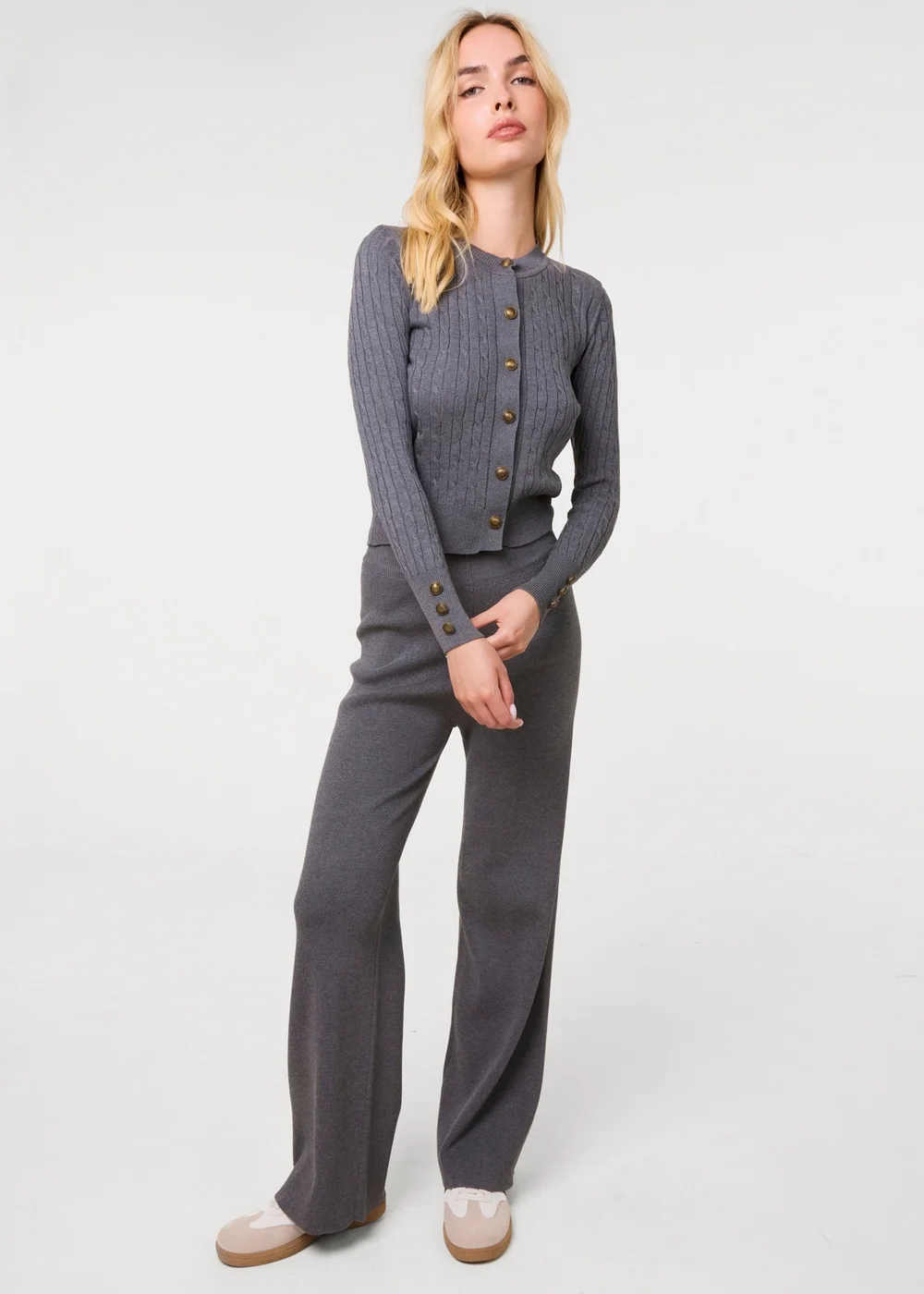 Pink Vanilla Grey Gold Button Cardigan and Wide Leg Trousers Set - S/M Image 1