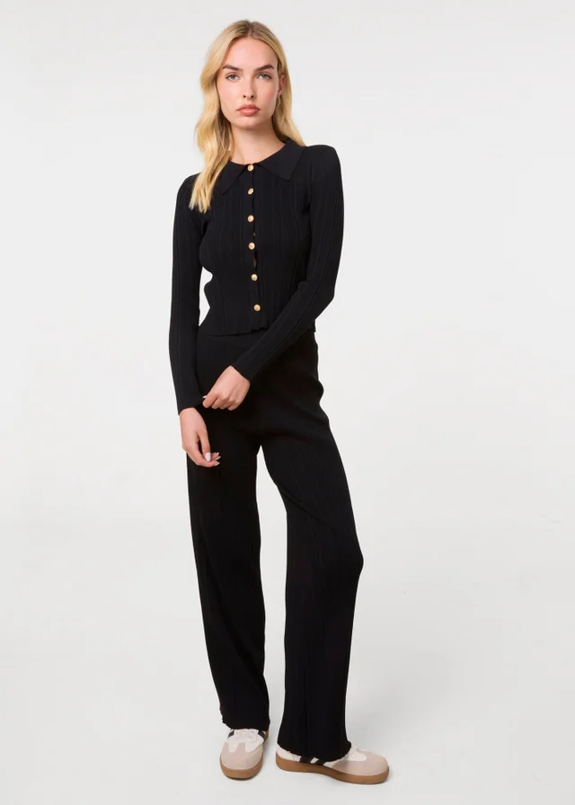 Pink Vanilla Black Textured Shirt And Wide Leg Trousers Set