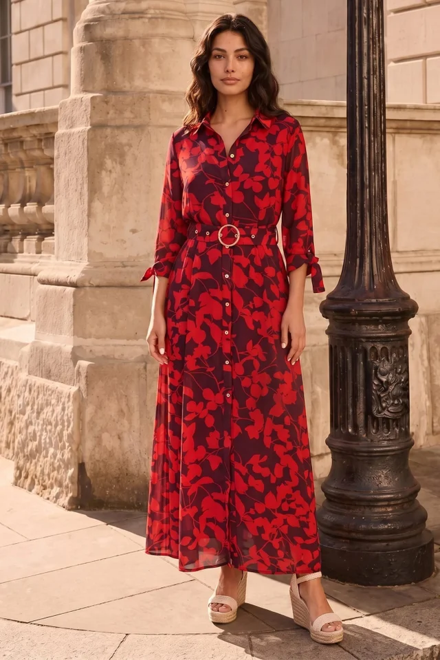 Style Cheat Daphne Belted Red Floral Maxi Dress