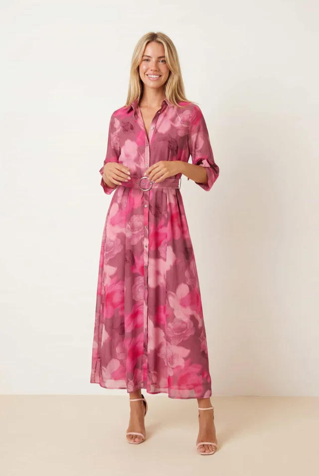 Style Cheat Pink Daphne Shirt Watercolour Floral Midi Dress