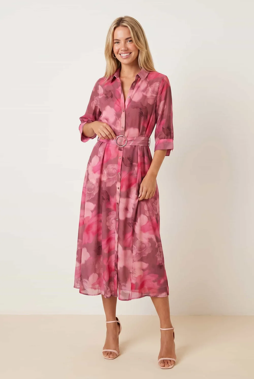 Style Cheat Pink Daphne Shirt Watercolour Floral Midi Dress - 10 Image 2