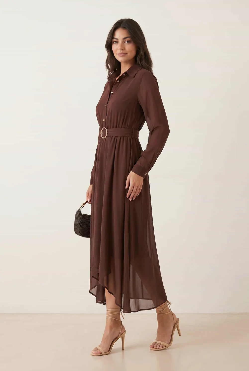 Style Cheat Brown Hanky Hem Belted Midi Dress - 18 Image 2