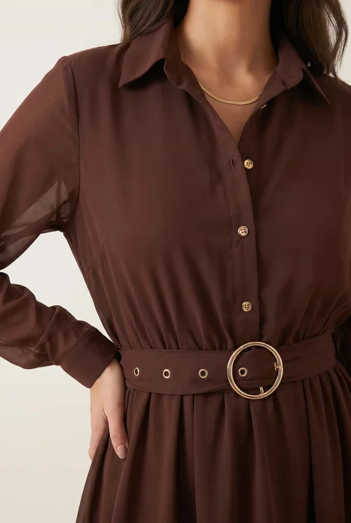 Style Cheat Brown Hanky Hem Belted Midi Dress - 18 Image 4