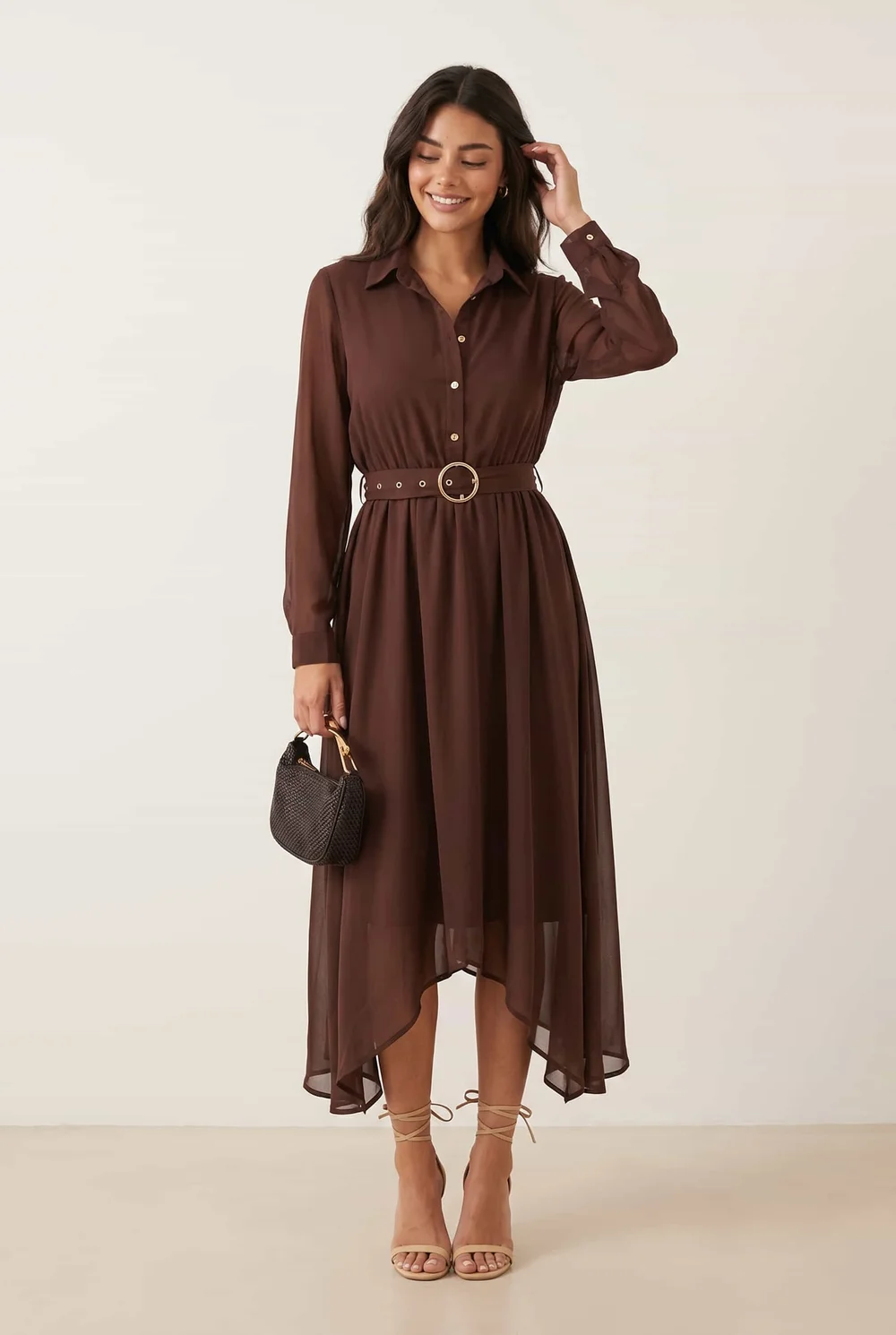 Style Cheat Brown Hanky Hem Belted Midi Dress - 18 Image 1