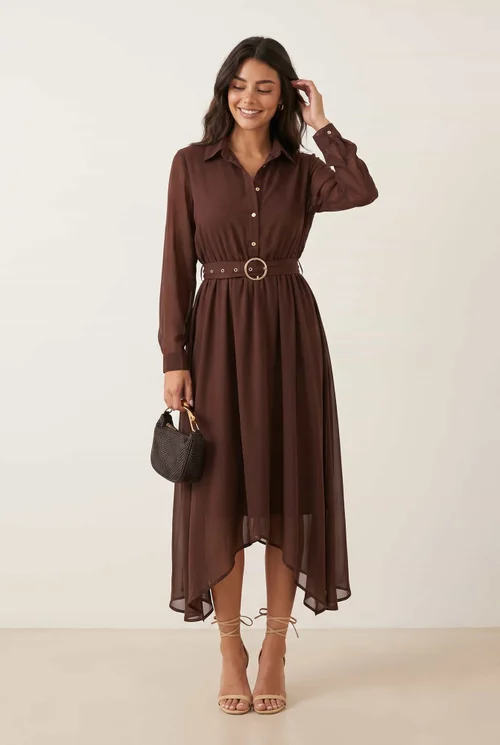 Style Cheat Brown Hanky Hem Belted Midi Dress - 18 Image 1