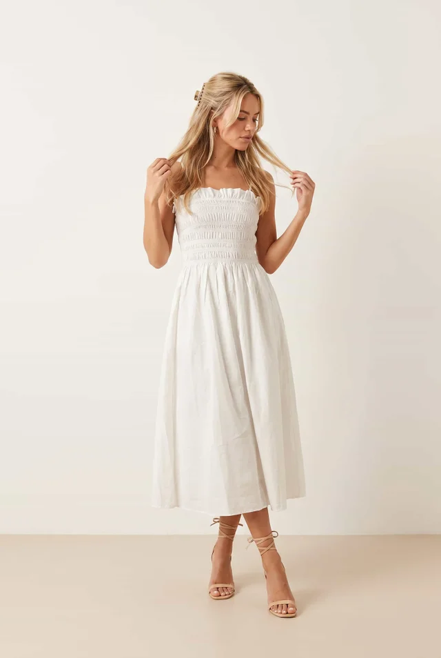Style Cheat White Betty Cotton Shirred Bandeau Dress