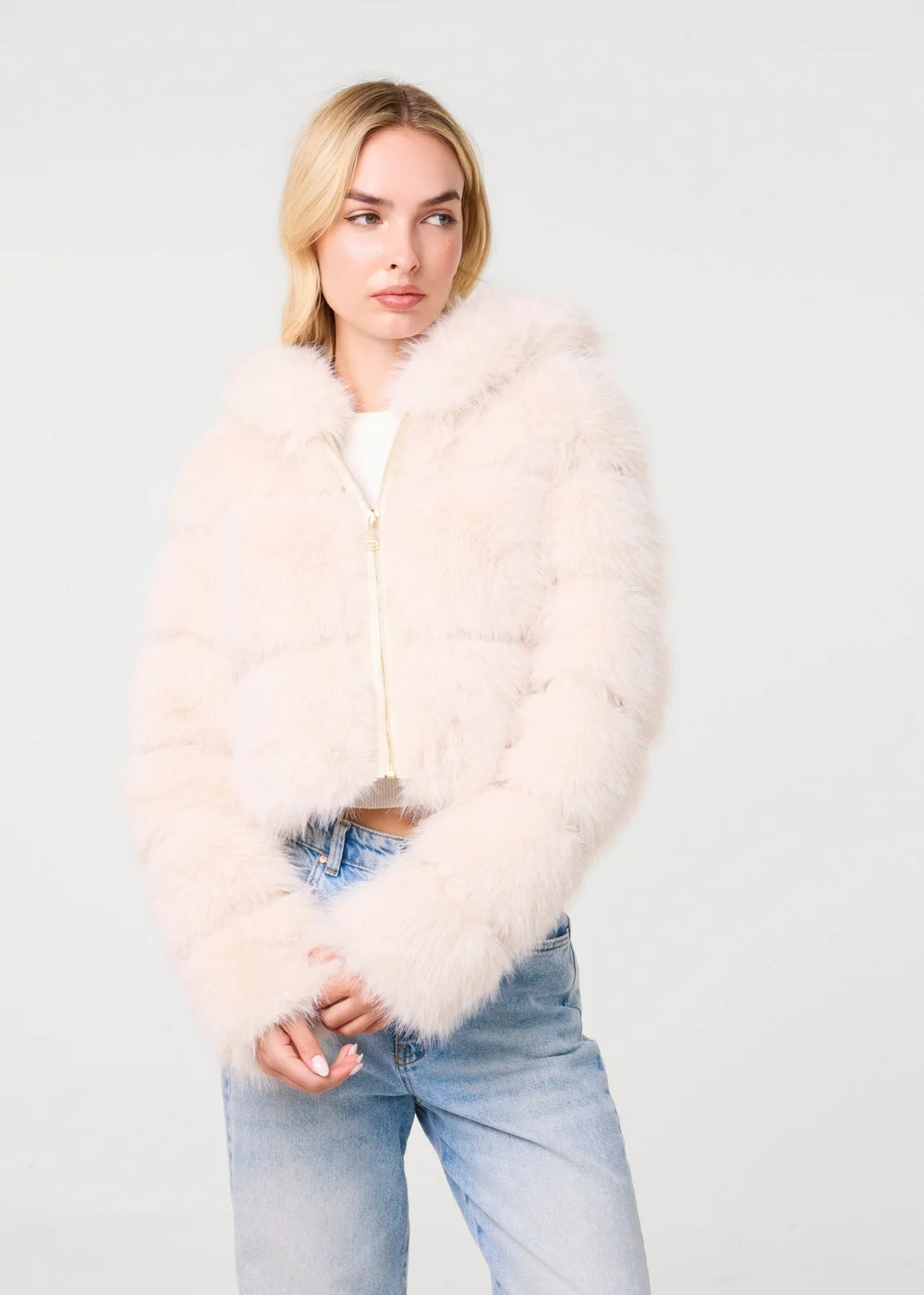 Pink Vanilla Cream Hooded Faux Fur Cropped Coat - M/L Image 1