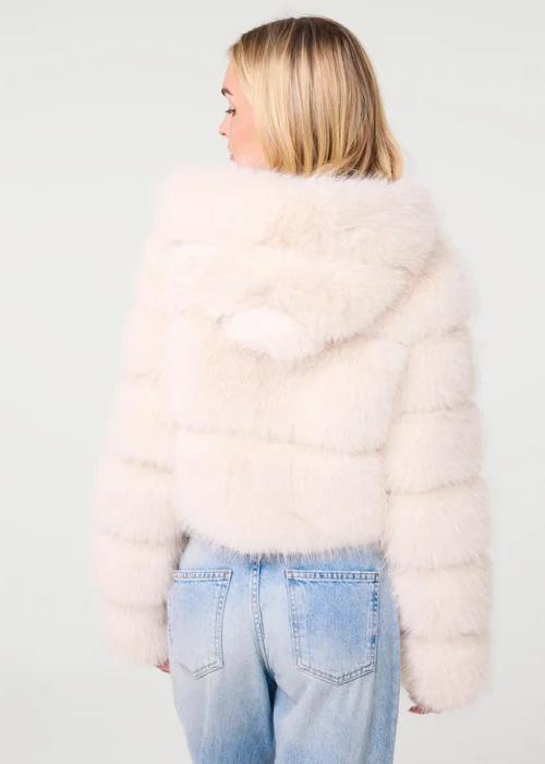 Pink Vanilla Cream Hooded Faux Fur Cropped Coat - M/L Image 4