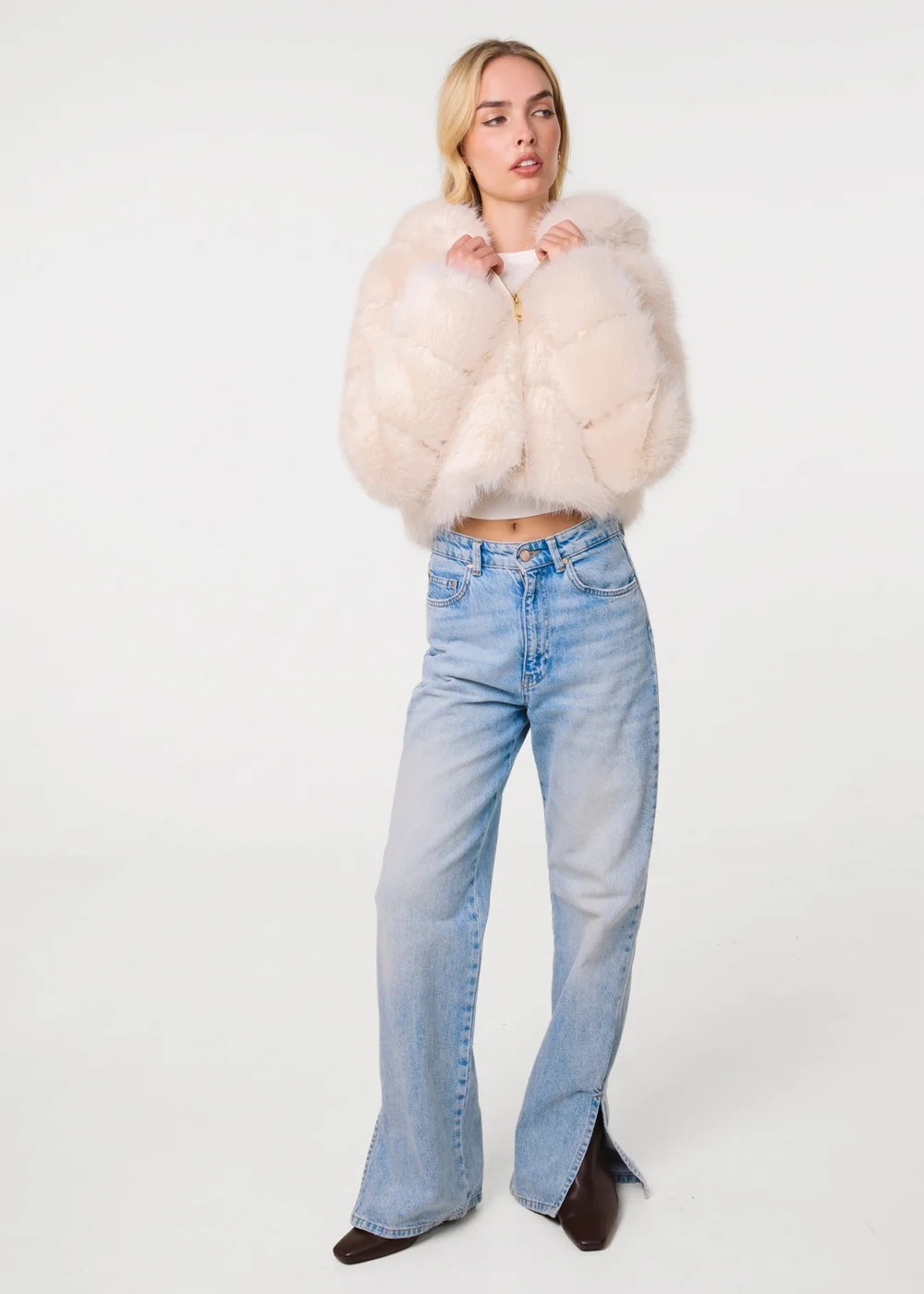 Pink Vanilla Cream Hooded Faux Fur Cropped Coat - M/L Image 2