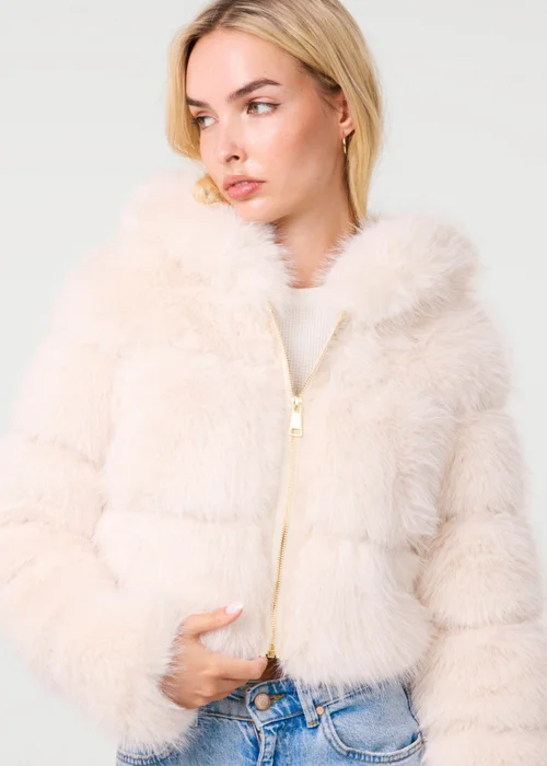 Pink Vanilla Cream Hooded Faux Fur Cropped Coat - M/L Image 3