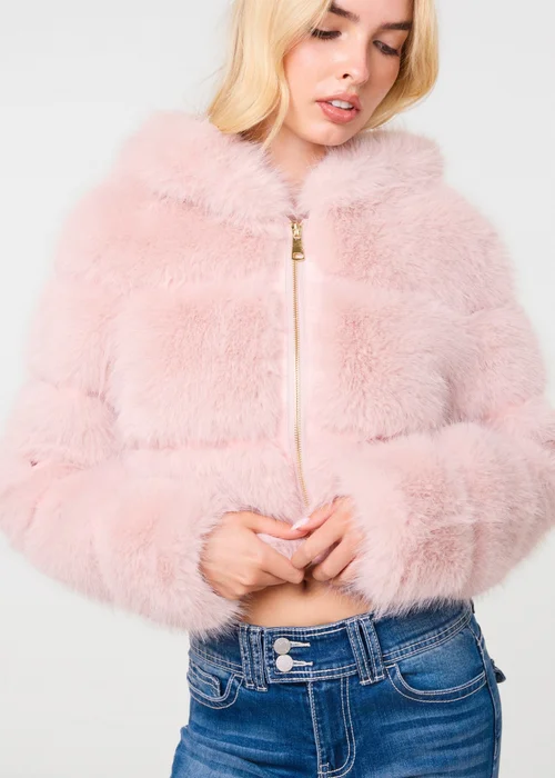 Pink Vanilla Pink Hooded Faux Fur Cropped Coat - M/L Image 3
