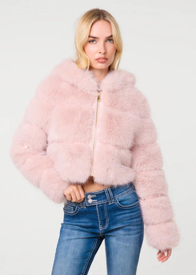 Pink Vanilla Pink Hooded Faux Fur Cropped Coat