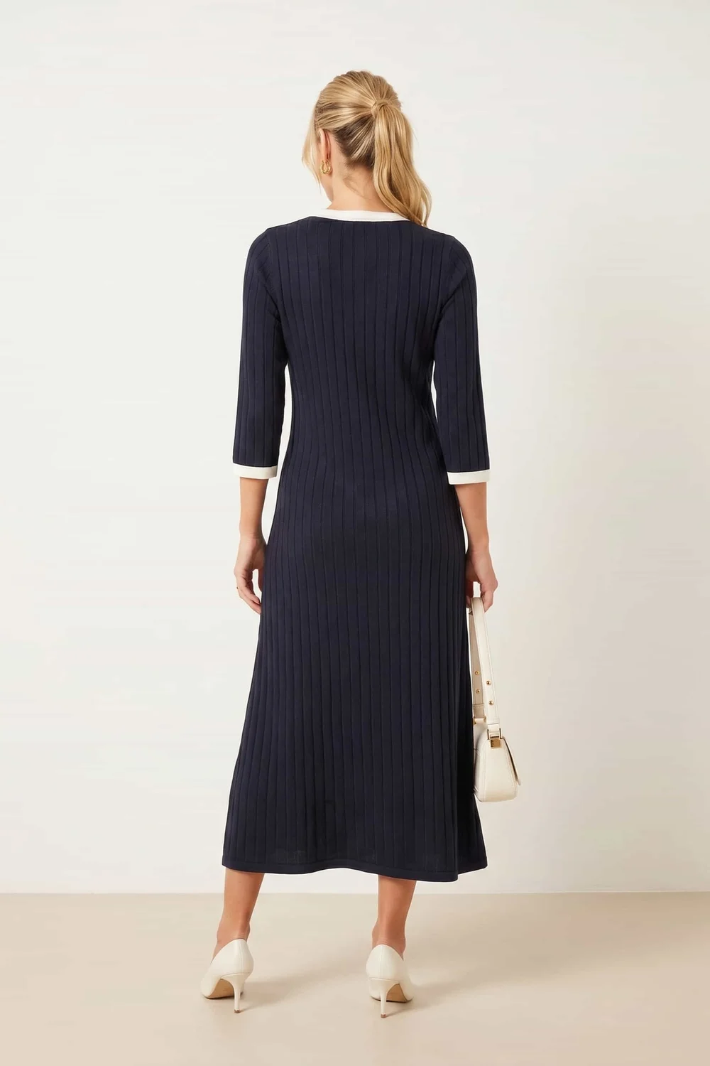Style Cheat Navy Contrast Ribbed Knit Midi Dress - 6 Image 3