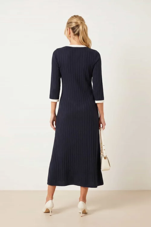 Style Cheat Navy Contrast Ribbed Knit Midi Dress - 6 Image 3