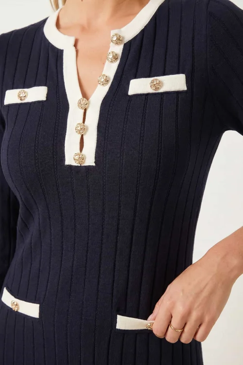 Style Cheat Navy Contrast Ribbed Knit Midi Dress - 6 Image 4