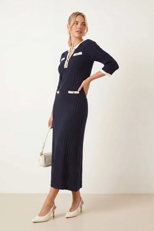 Style Cheat Navy Contrast Ribbed Knit Midi Dress - 6 Image 2