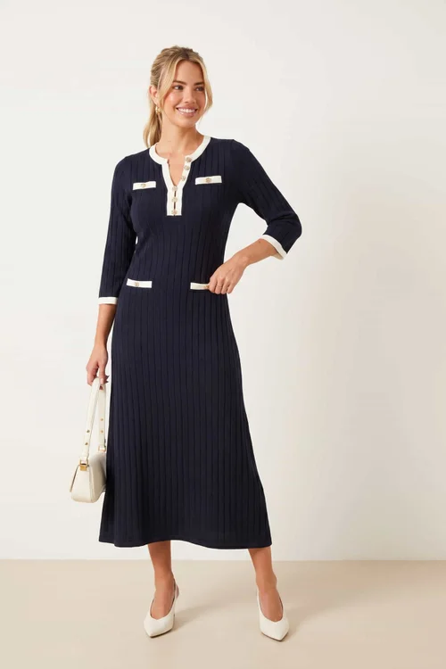 Style Cheat Navy Contrast Ribbed Knit Midi Dress - 6 Image 1