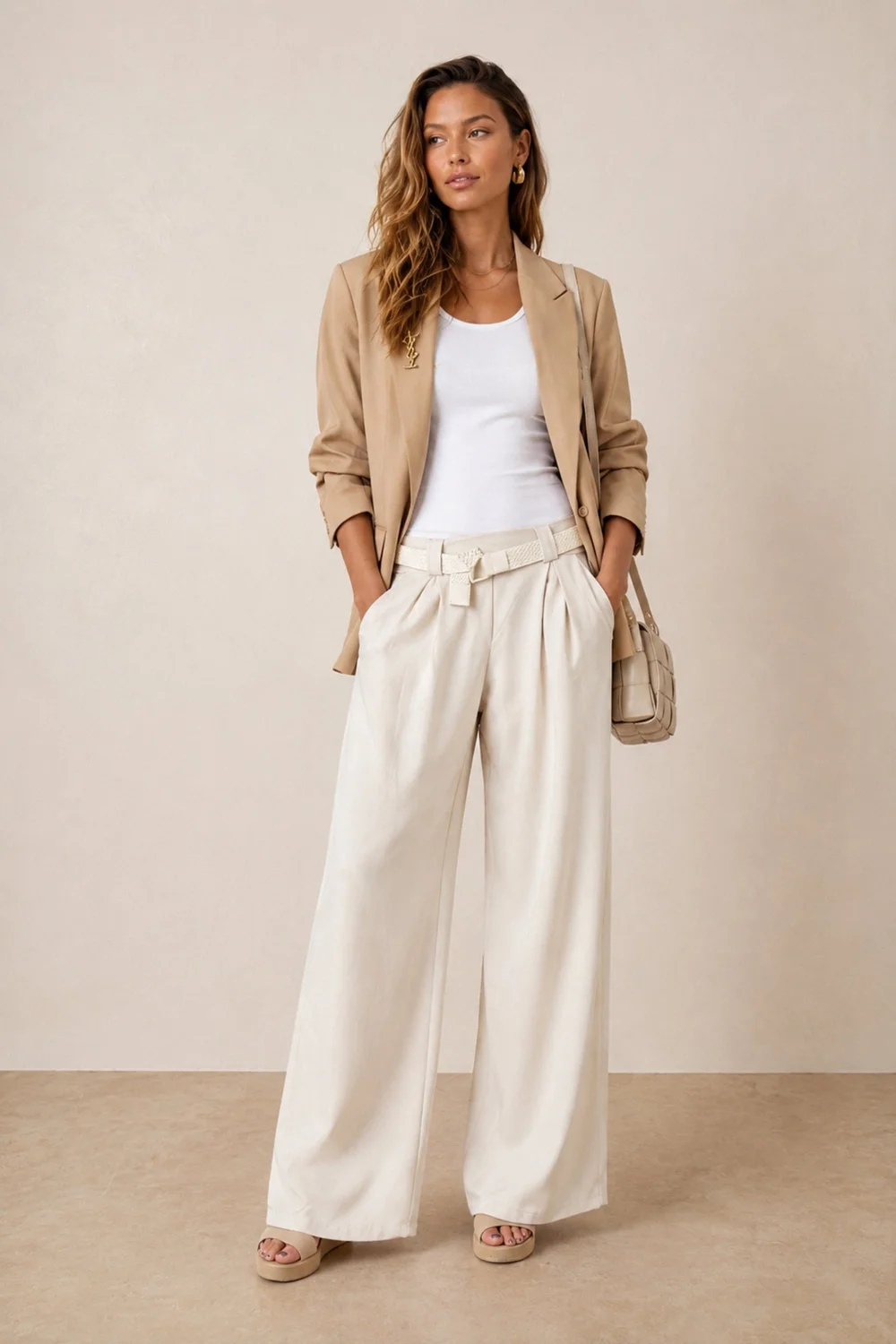 Style Cheat Cream Belted High-Waist Wide Leg Trousers - 12 Image 1