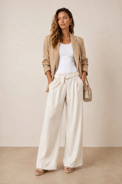 Style Cheat Cream Belted High-Waist Wide Leg Trousers - 12 Image 1