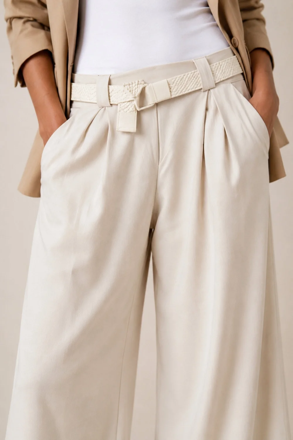 Style Cheat Cream Belted High-Waist Wide Leg Trousers - 12 Image 4