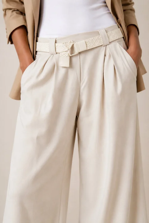 Style Cheat Cream Belted High-Waist Wide Leg Trousers - 12 Image 4