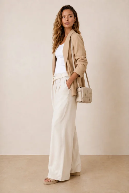 Style Cheat Cream Belted High-Waist Wide Leg Trousers - 12 Image 2