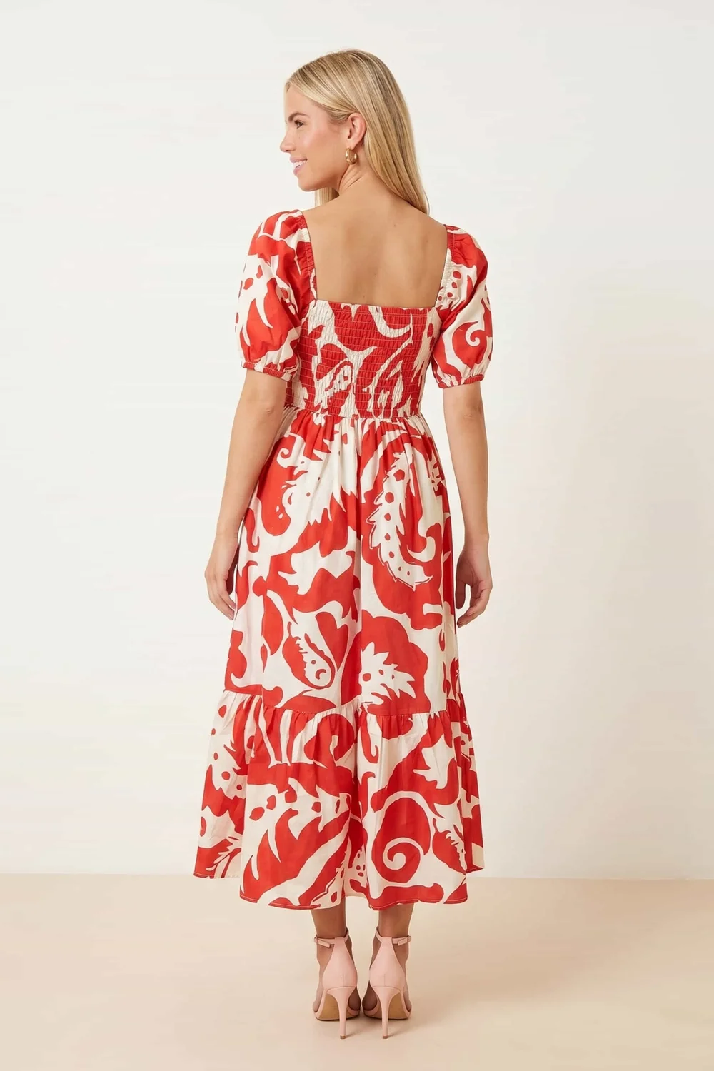 Style Cheat Leighton Puff Sleeve Abstract Midi Dress in Red - 8 Image 2