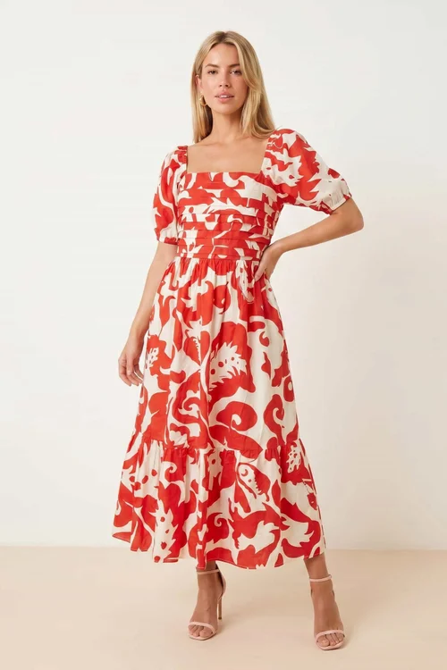 Style Cheat Leighton Puff Sleeve Abstract Midi Dress in Red - 8 Image 1