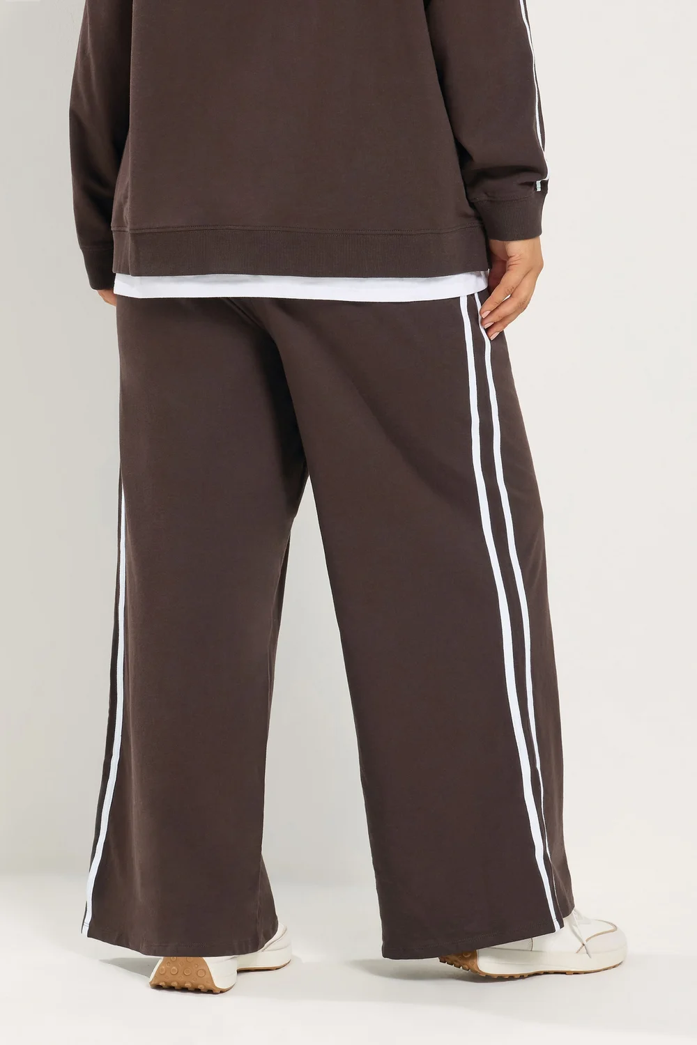 Yours Curve Chocolate Brown Side Stripe Wide Leg Joggers - 12/L30 Image 3