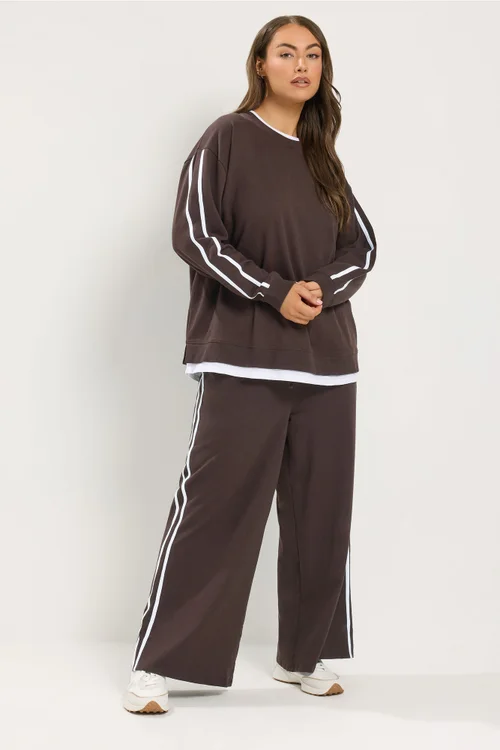 Yours Curve Chocolate Brown Side Stripe Wide Leg Joggers - 12/L30 Image 2