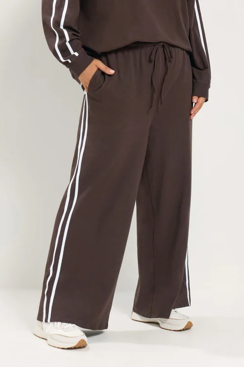 Yours Curve Chocolate Brown Side Stripe Wide Leg Joggers - 12/L30 Image 1