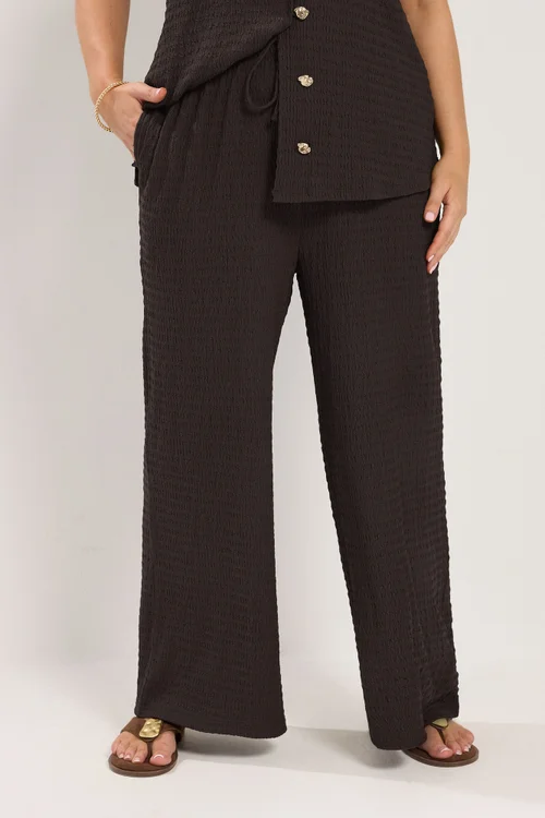 Yours Curve Chocolate Brown Wide Leg Crinkle Trousers - 22-24/L28 Image 1