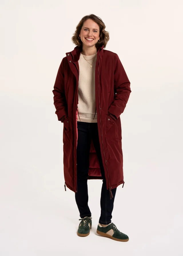 Brakeburn Burgundy Poplar Flat Front Funnel Neck Puffer Long Line Coat