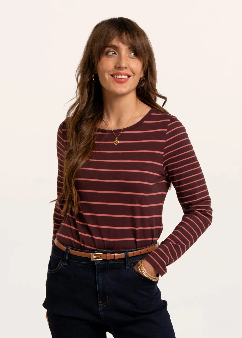Brakeburn Burgundy Branksome Thick & Thin Stripe Long Sleeve T-Shirt - 14 Image 1