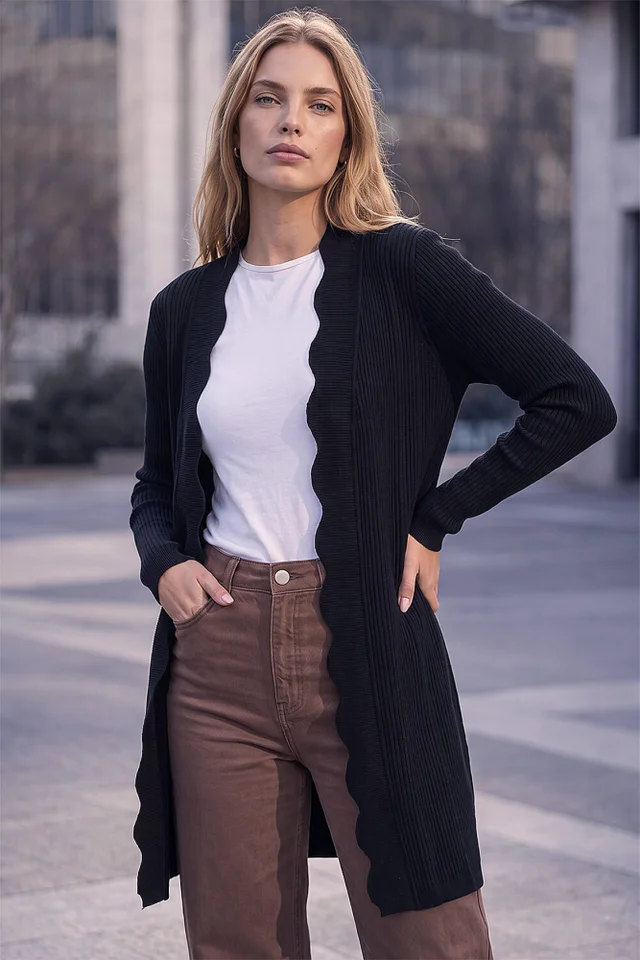 Roman Black Rib Knit Scallop Trim Cardigan