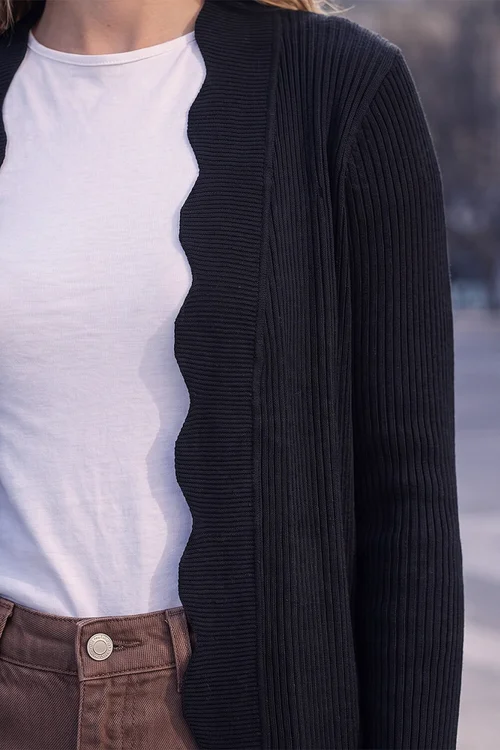 Roman Black Rib Knit Scallop Trim Cardigan - 16 Image 4