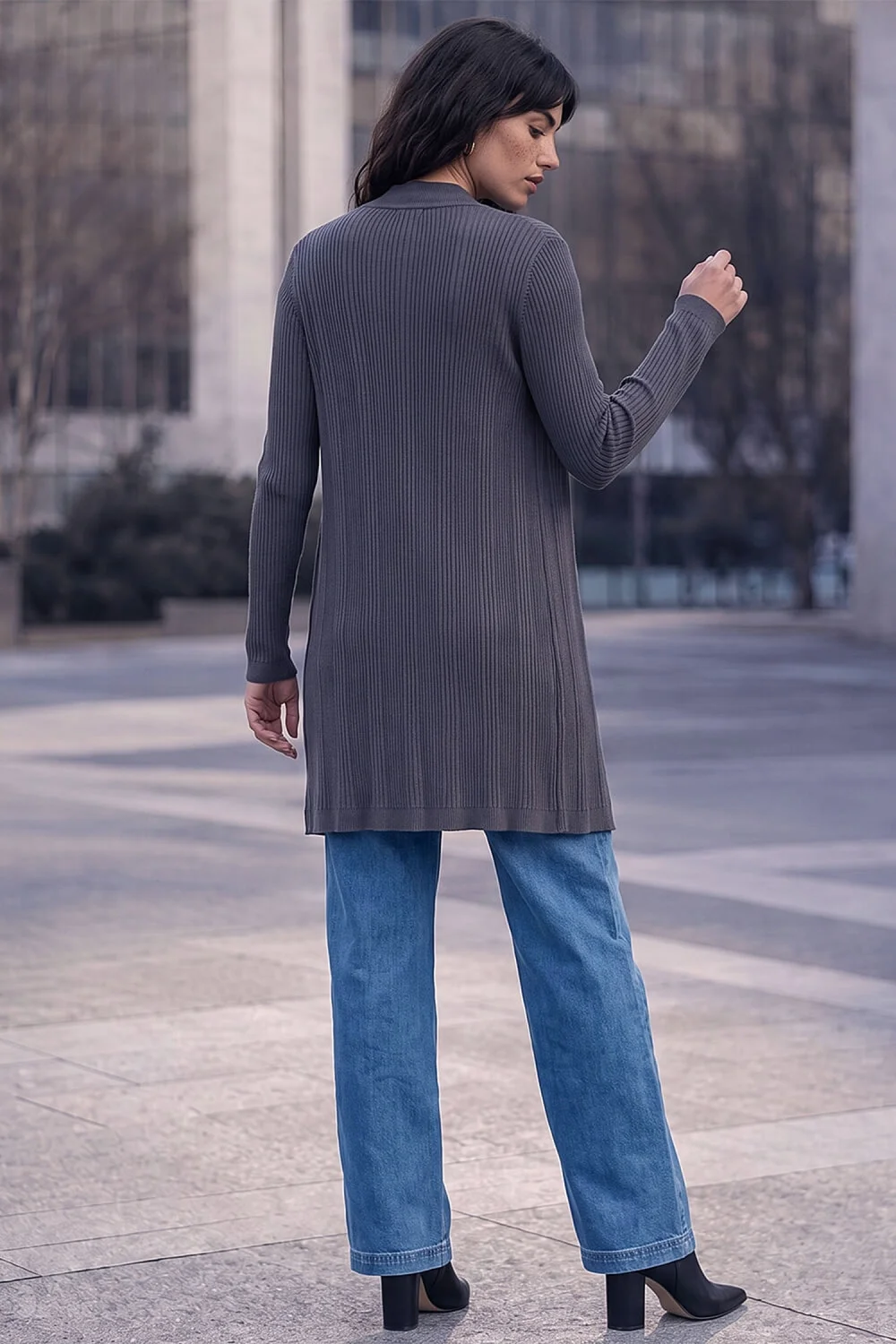 Roman Dark Grey Rib Knit Scallop Trim Cardigan - 12 Image 3